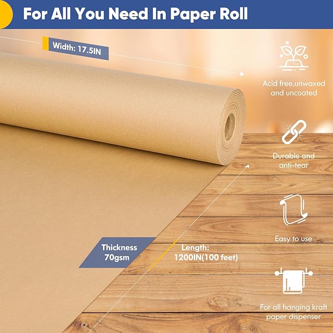 Vanhench Brown Wrapping Paper Roll, Craft Kraft Packing Paper 17.5"x 1200"(100') for Birthday Gift Bulletin Board Arts Bouquet Flower Table Covering Poster Shipping Christmas Supplies 70GSM 50LB
