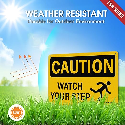 T&R Caution Watch Your Step Signs - 4 Pack - 10 x 7 Inches Rust Free .040 Aluminum -Reflective, UV Protected, Waterproof, Weatherproof and Fade Resistant - 4 Pre-drilled Holes
