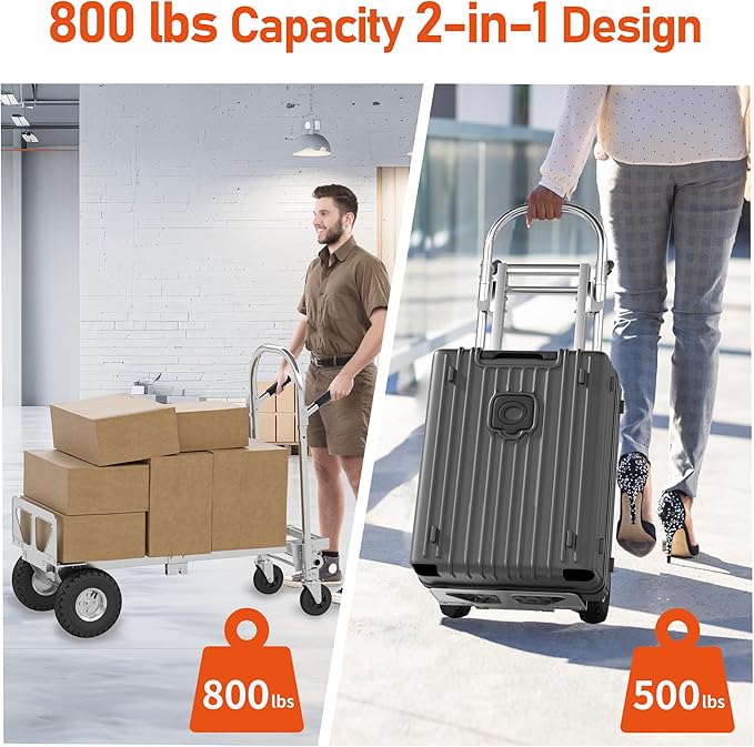 800 LBS Dolly Cart with Wheels, 2 in 1 Folding Hand Truck, Stainless Steel Heavy Duty Industrial Convertible Hand Cart, Utility Collapsible Hand Truck Dolly for Warehouse, Home, Office, Etc