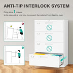 4 Drawer Lateral File Cabinet with Lock,White Lateral Filing Cabinet,Horizontal Metal Filing Cabinet,Locked Wide Four Drawer File Cabinet for Office Home,Fit A4/F4/Letter/Legal File,-Assembly Required