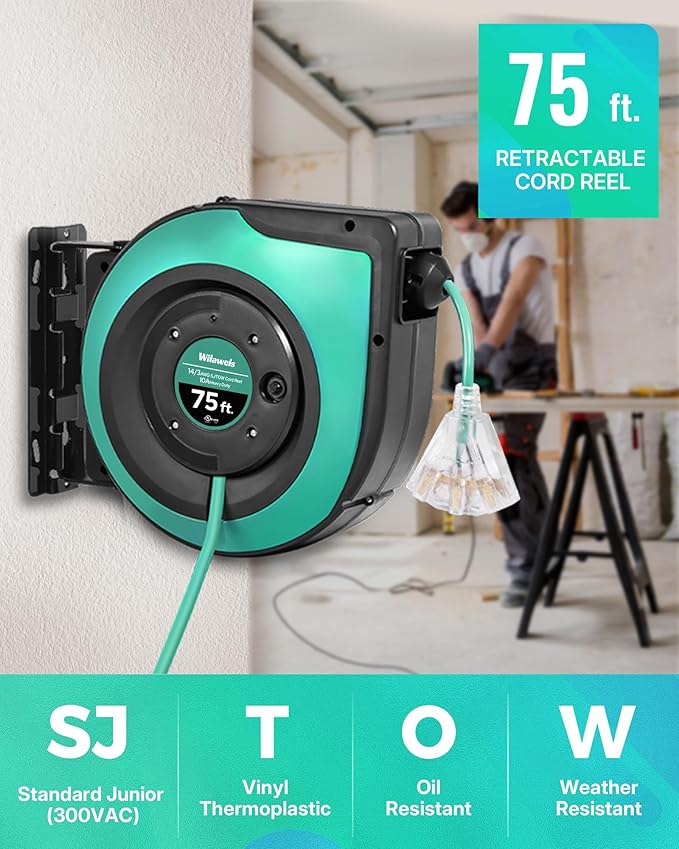 Retractable Cord Reel, 75 FT Heavy Duty Extension Cord, 14AWG/3C SJTOW, 3 Grounded Outlets Lighted Triple Tap, 10A Circuit Breaker, Wall/Ceiling Mounted, UL Listed, Light Green A75CR06