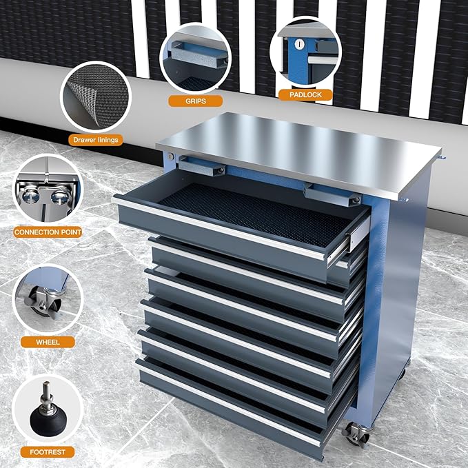 LARBANKE Tool Chest Combination with 3 Different Types,Rolling Tool Chest with Stainless Countertop,360°Wheels and Foot Pads,Tool Cabinet with Connection Buckle,Can Connect Together