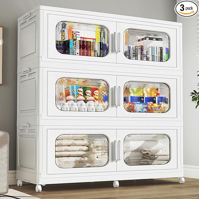 150 Gallon Extra Large Storage Bin with Lid and Wheels, Stackable Collapsible Plastic Storage Box with Door, Foldable Organizer for Closet, Kitchen, Office, Living Room, 3 Pack White