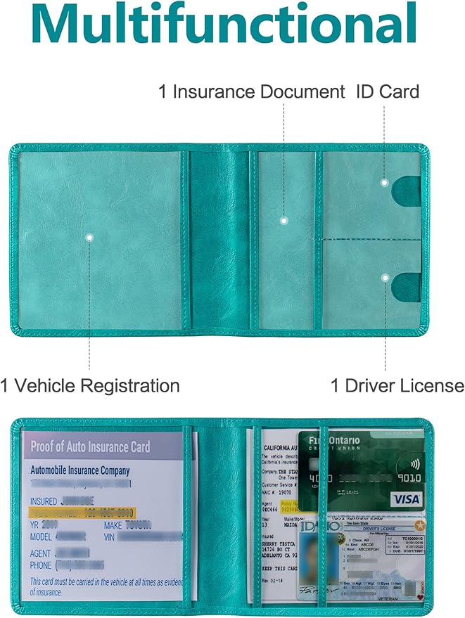 Mymazn Car Registration & Insurance Card Holder, PU Leather Holder with Magnetic Closure, Vehicle Holder for Driver's License & Essential Documents, Turquoise