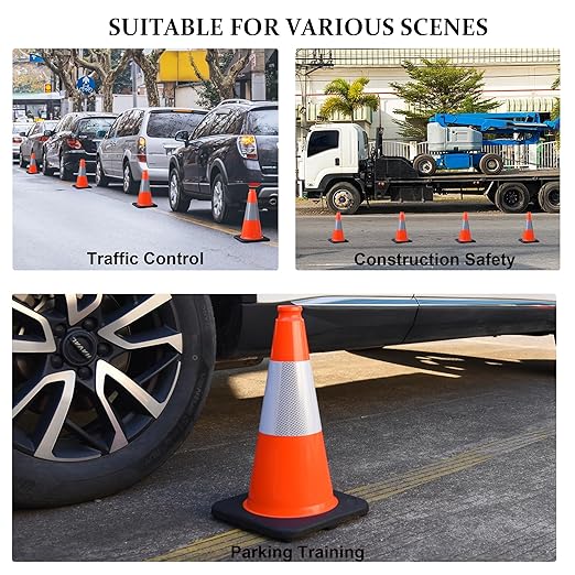 OrangeStar 18" Traffic Cones 6-Pack with Weighted Rubber Base, 6" Reflective Collar, Orange Safety Cones for Parking Lot, Road Construction, Warehouse, Highway, Weatherproof PVC