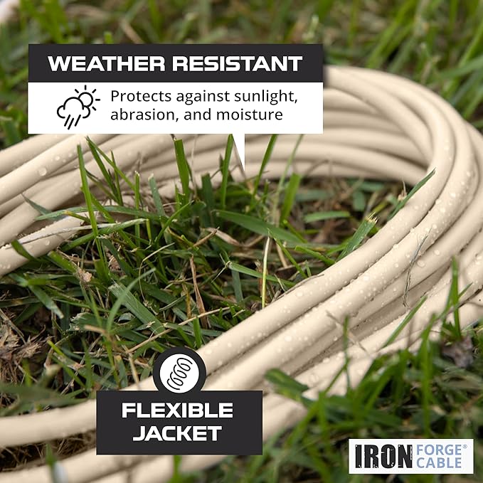 Iron Forge Cable Weatherproof 150 Ft Outdoor Extension Cord - 16/3 SJTW Heavy Duty Light Brown Extension Cord 3 Prong - 10 Amp Exterior Power Cable