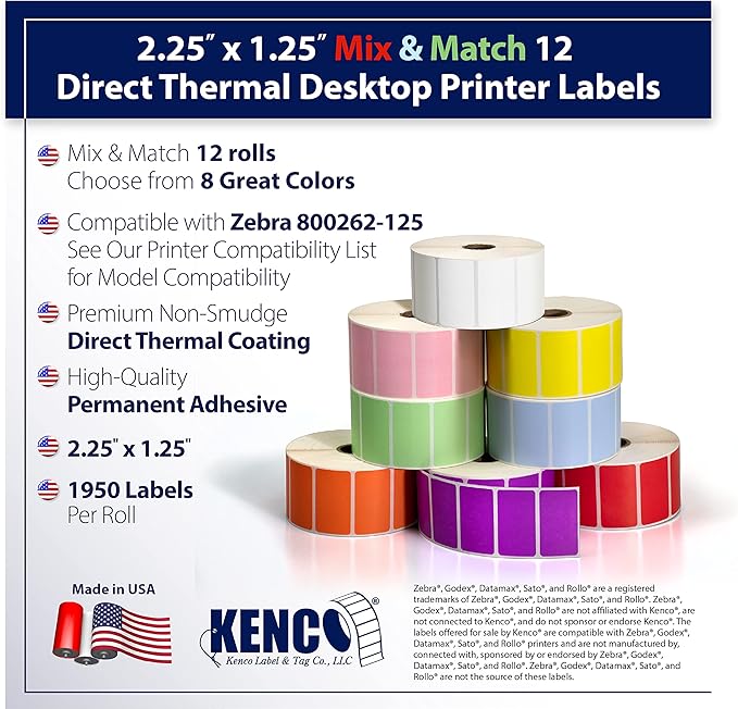 2.25" X 1.25" Direct Thermal Perforated Stickers Labels for Barcodes, Address, Consignment - Compatible with Zebra, Rollo, Godex and More (Mix 'N Match, 12 Rolls)