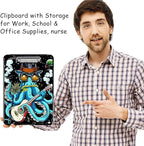 Clipboard with Storage, High Capacity Plastic Storage Clipboard with Pen Holder for for Women Teachers Work, School & Office Supplies, Cute Pattern Decorative Clipboards, Octopus Plays Guitar