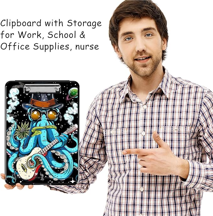 Clipboard with Storage, High Capacity Plastic Storage Clipboard with Pen Holder for for Women Teachers Work, School & Office Supplies, Cute Pattern Decorative Clipboards, Octopus Plays Guitar