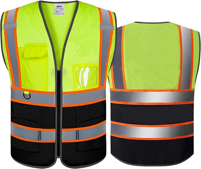 High Visibility Safety Reflective Vest with Pockets and Zipper Construction Hi Vis Work Vest(Yellow/Black XL)