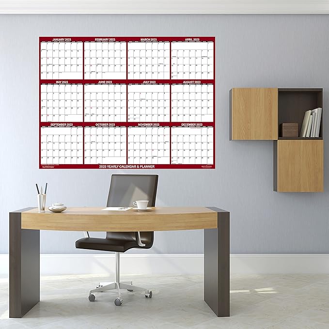 32" x 48" SwiftGlimpse 2026 Wall Calendar Erasable Jumbo XL Wet & Dry Erase Laminated 12 Month Annual Yearly Wall Planner, Reversible, Horizontal/Vertical, Maroon