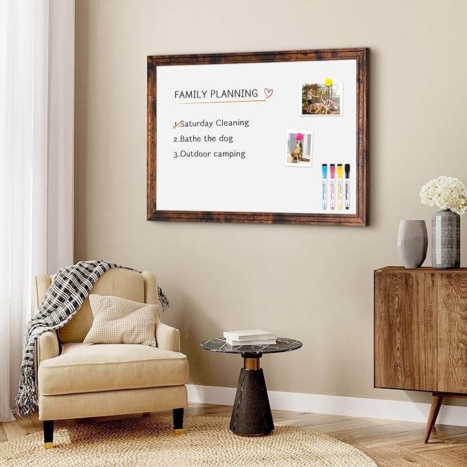 4 THOUGHT Dry Erase Board, 24" x 18" Magnetic Whiteboard Brown Vintage Wood Frame Wall-Mounted White Board Decorative Notice Board School, Office, Home, 8 Magnets 4 Markers 1 Eraser