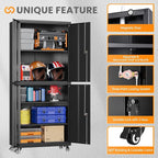 4 Door Garage Storage Cabinets with wheels, Metal Rolling Tool Cabinet with Lock, Locking Garage Caninet on wheels with Shelves, Steel Tall Tool Cabnets Locker for Workshop/Home/Office - (Black 73”H)