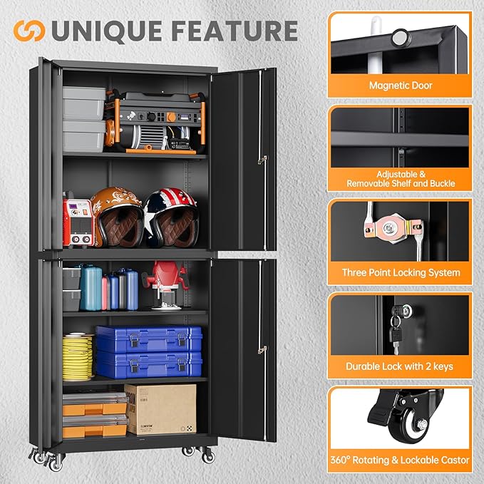 4 Door Garage Storage Cabinets with wheels, Metal Rolling Tool Cabinet with Lock, Locking Garage Caninet on wheels with Shelves, Steel Tall Tool Cabnets Locker for Workshop/Home/Office - (Black 73”H)