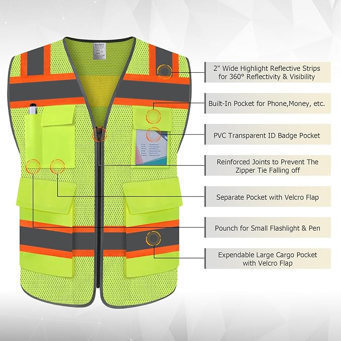 TCCFCCT High Visibility Vest 5 Pockets Mesh Reflective Safety Vest for Men Women, Hi Vis Work Vest with Reinforced Zipper and Fluorescent Orange Edge, Durable to Use, Meets ANSI/ISEA, DW-Yellow, 2XL