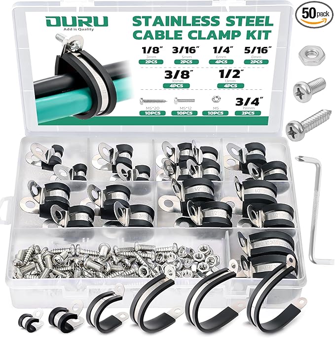50PCS Cable Clamps with Screws Assortment Kit 304 Stainless Steel Rubber Coated Cushioned Insulated Cable Clamp,Automotive Wire Pipe Clamps 7 Sizes—1/8" 3/16" 1/4" 5/16" 3/8" 1/2" 3/4"