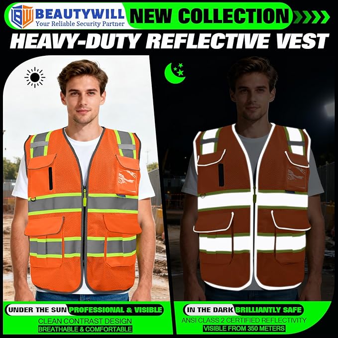 BeautyWill Custom Logo 10 Pockets Safety Vest Class2 ANSI Certified High Visibility Reflective Vest
