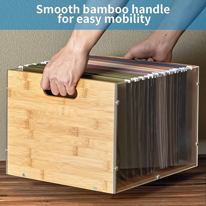 Clear Acrylic File Box Organizer, Bamboo Hanging Folder Storage Boxes, Filing Crate Bin Holder with Handle for Home Office Desk, Letter Size