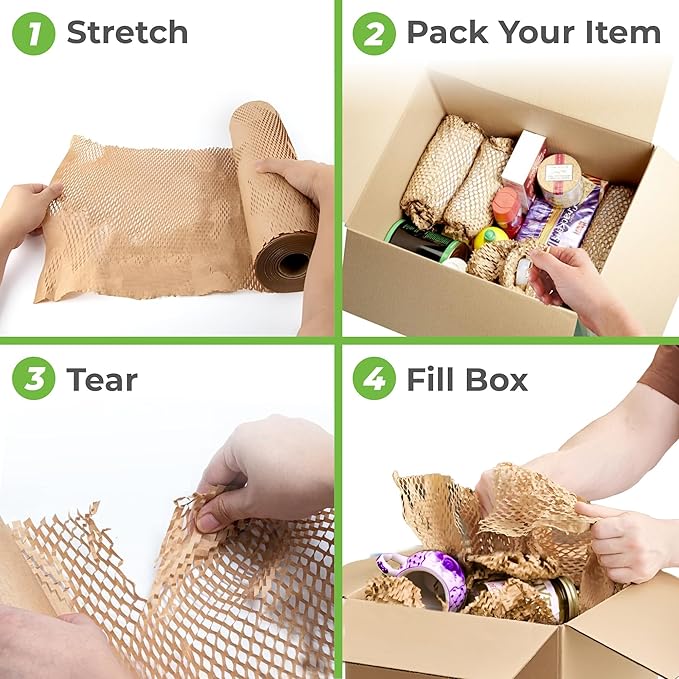 HexcelPack HexaFil Honeycomb Packing Paper - Eco-Friendly, Sustainable Filler for Shipping and Moving, Cushioned Packing Material in Dispenser Box, Alternative to Bubble Wrap - White, 12" x 1700'