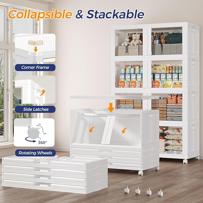 90GAL Large Stackable Storage Bins with Lid and Wheels, 360Qt Collapsible Organizer Cabinet with Clear Door, for Closet, Bedroom, Kitchen, Garage, 3-Pack White