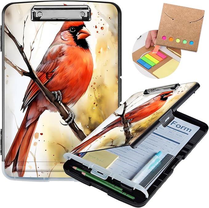 Clipboard with Storage,Storage Clipboard with Pen Holder,Heavy Duty Plastic Storage Clipboard with Low Profile Clip, Clipboard Folder, Teacher Must Haves, Office Supplies,Pink Bird on Branch