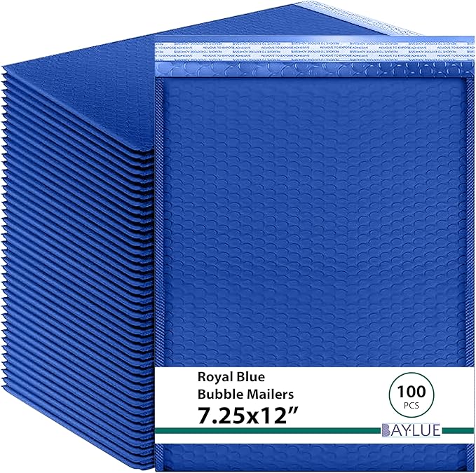 Royal Blue 7.25x12 Inch Poly Bubble Mailers #1 | Self Seal Padded Envelopes | Air Cushioned Bubble Mailer | Usable Size 7.25x11 Inch | 100 Pack Bulk | Waterproof | Lightweight Mailing Shipping Bags