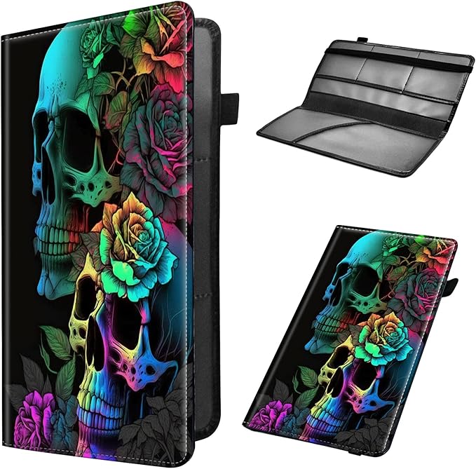 Car Registration and Insurance Holder, Leather Car Glove Box Organizer, Cool Car Accessories for ID, Driver's License Cards & Essential Document,business cards,Men&WomenColorful Rose Flower Skull