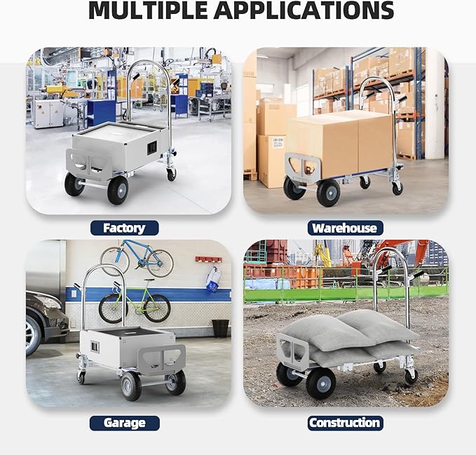 Hand Trucks Heavy Duty Aluminum Dolly Cart, 3 in 1 Design 1000 Lbs Capacity with Solid Wheels - Foldable, Portable, Ergonomic Handle, Perfect for Construction, Warehouses, Factories, Indoor & Outdoor