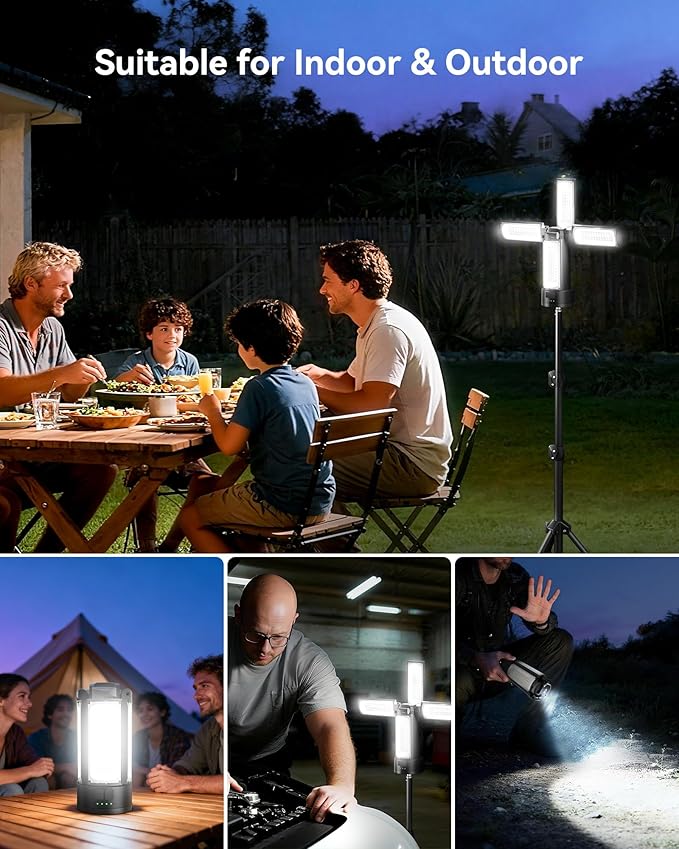 CORESLUX 10400mAh Rechargeable Camping Lights with Stand, 6000K Portable Work Light with 4 LED Lamp Heads, Magnetic Work Light Camping Essentials for Outdoor Work, Garage, Camping, Fishing