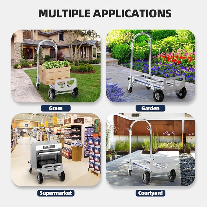 Aluminum Hand Truck, 3 in 1 Convertible Hand Truck Dolly 1000 Lbs Capacity, Pneumatic Wheels - Collapsible Heavy Duty Cart for Efficient Storage, Suit for Moving in Supermarket, Garden, Grass, Yard
