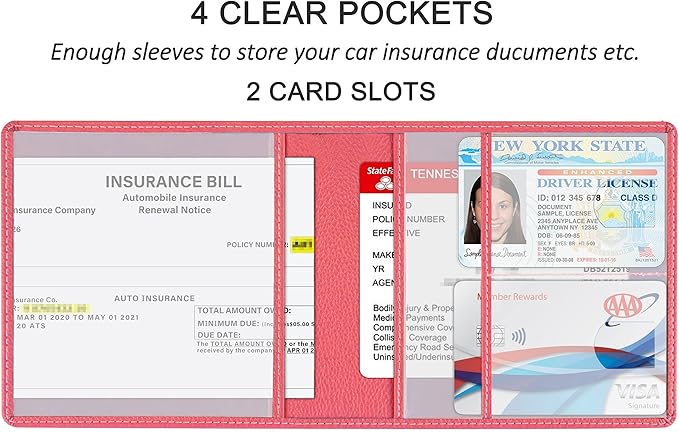 Car Registration and Insurance Holder, Premium PU Leather Vehicle Glove Box Car Organizer Men Women Wallet Accessories Case for ID, Driver's License - Pink