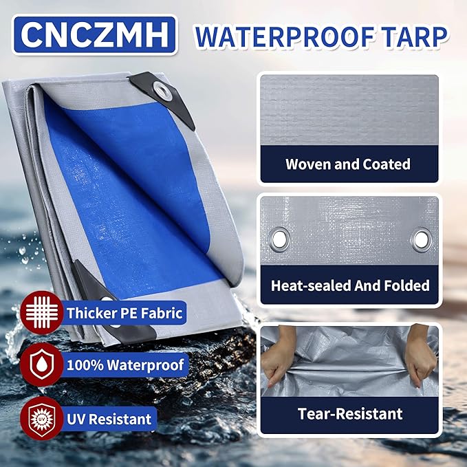 Heavy Duty Tarp Waterproof 6x8 Feet, 10 Mil Thick Silver Blue Poly Tarps Outdoor, Metal Grommets, Reinforced Edges, Multipurpose Tarpaulin Cover for Camping, Boat, Swimming Pools