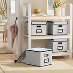 Huolewa File Organizer Box with Lid, Collapsible File Folder Organizer for Office Document Storage, Filing Box with Plastic Slide for Letter Size Hanging File Folders(1 Pack, Light Grey)
