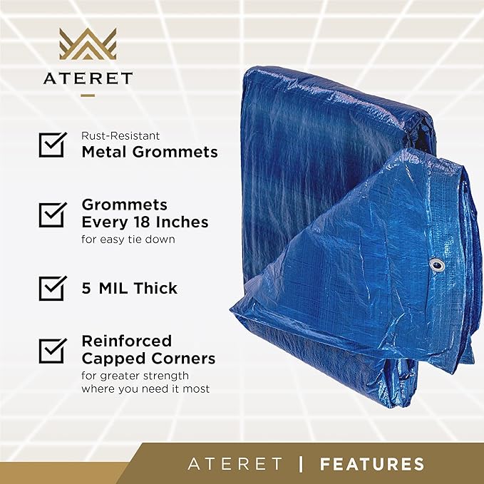 ATERET Multi-Purpose Blue Tarp Cover I Waterproof, 5-Mil Thick Plastic Poly with Grommets Eyes for Secured Tie Down I Great Idea Use for Roof, Camping, Patio, Canopy, Boat, Tent & Camping (10' x 10')