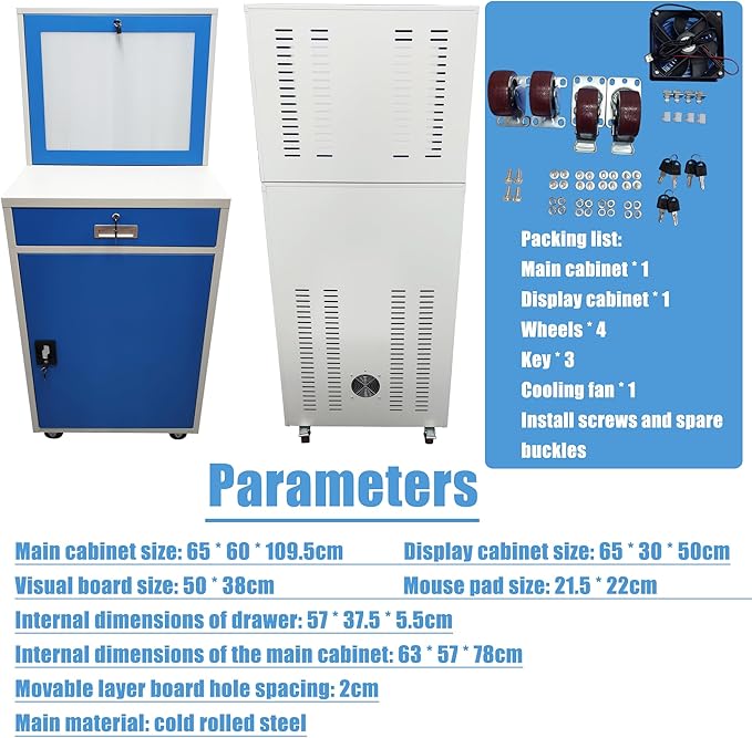 Industrial PC Enclosure Computer Security Cabinet Lockable Detachable Steel Cabinet with Wheels USB Cooling Fan, Adjustable Shelves for Control Equipment (65x60x109.5cm)