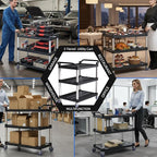 Utility Cart with Wheels, 3 Tier Rolling Cart with Tangle-Free Wheels(2 with Brakes), Heavy Duty 350 Lbs Capacity,Commercial Serving Cart for Home, Office, Restaurant, Warehouse.34.2" × 17" × 37"