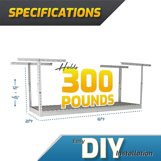MonsterRax Overhead Garage Storage Rack 2 x 6 Ceiling Rack for Garage Shelving, Organization, & Storage, Adjustable Hanging Storage for Bikes, Equipment & Bins (White, 18"- 33" Ceiling Drop)