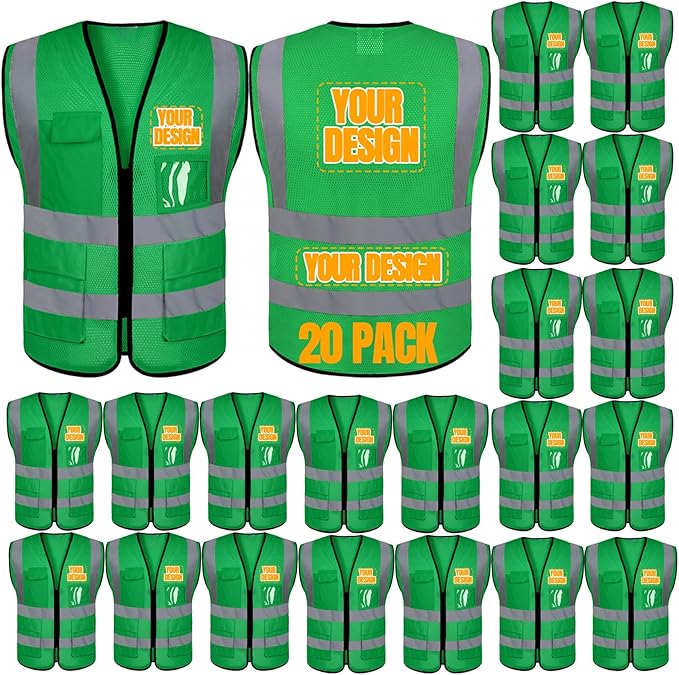 BeautyWill 10/20 Pack Custom Logo Safety Vest,Bulk High Visibility Class 2 Reflective Work Vests