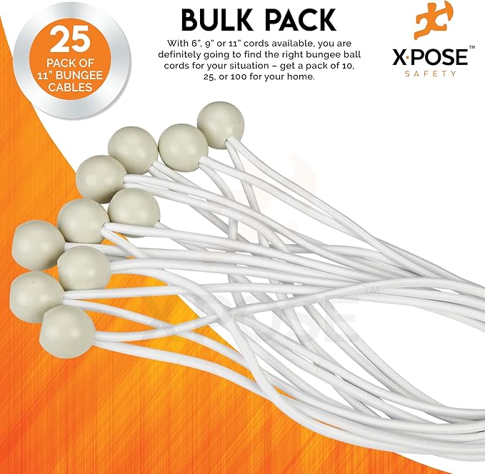 Xpose Safety Bungee Ball Cords 11" 25 Pack Heavy Duty White Stretch Rope with Ball Ties for Canopies, Tarps, Walls, Cable Organization