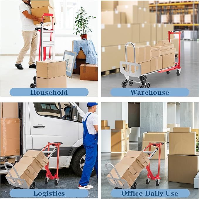 Convertible Hand Truck -1,000 lb Heavy-Duty Aluminum & Steel Dolly, 3-in-1 Mode with Stair-Climbing Wheels & 5" Swivel Casters for Warehouse, Moving, Delivery
