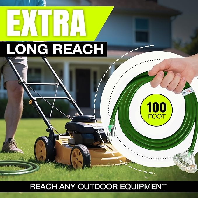 100ft Outdoor/Indoor Extension Cord 3-Outlet 12/3 Gauge Extra Heavy Duty ETL Listed, 3 Prong SJTW, Waterproof, Flexible Cold-Resistant Long Power Cord,15A 125V 1875W, Green by LifeSupplyUSA