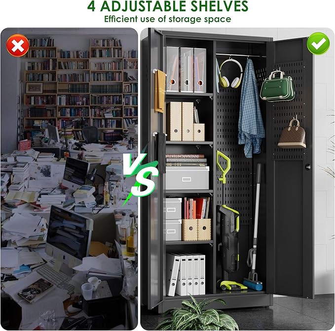 Broom Closet Storage Cabinet with 5 Pegboard, Hanging Rod &13 Hooks, Utility Metal Garage Storage Cabinets with Doors and 4 Shelves for Garage Home Office, Black,71.4" H x 31.5" W x 15.7" D