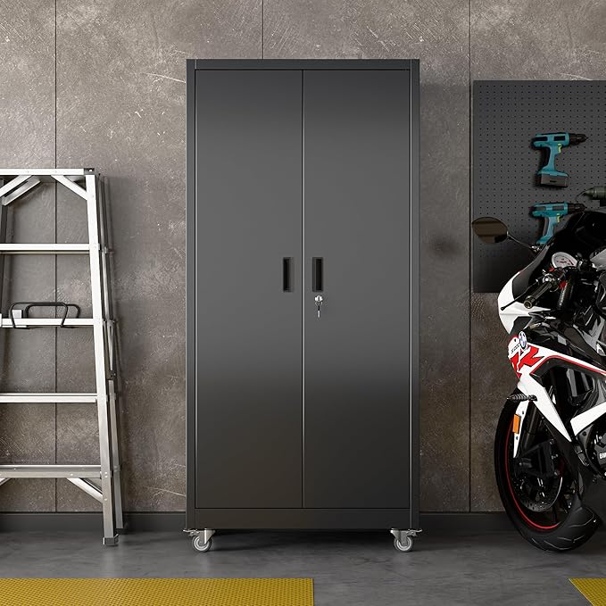 Garage Storage Cabinet with Wheels & Pegboard, Lockable Metal Storage Cabinet with Doors and 5 Adjustable Shelves for Garage Workshop Home, Assembly Required, Black, 71" H×34" W×18" D