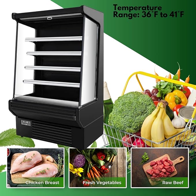 Food Refrigerated Display Case for Commercial Bakery Pastry Front Open Air Refrigerated Display Cooler Case, Movable Shelves and Adjustable Legs, 36~41℉ (61.4 Inches, Black)