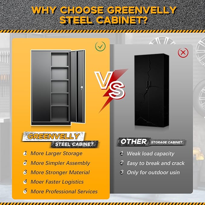 Greenvelly 72" H Metal Storage Cabinet, 32" W x 16" D Black Metal Cabinet with 2 Doors and 4 Adjustable Shelves, Locking Cabinets for Office, Home, Garage, School
