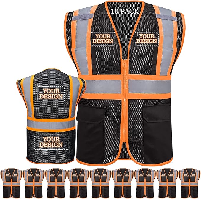 Custom Safety Vest with Logo Pockets High Visibility Reflective Vests Construction Security Workwear