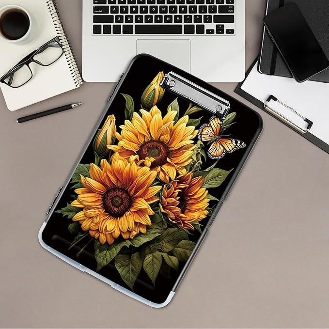 Clipboard with Storage,Office Supplies Nursing Clipboards Folder with Pen Holder Smooth Writing Plastic Storage ClipBoard Foldable for Teacher Nurse,Butterfly Sunflowers