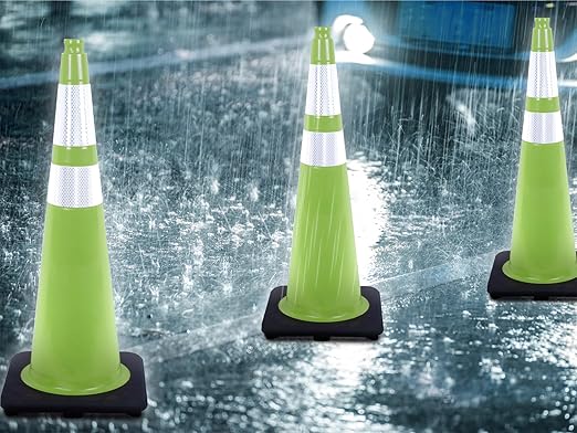 Fluorescent Orange/Green PVC Traffic Cones, Heavy Black Base Parking Lot Cone Structurally Stable Weatherproof Road Construction Safety Cones (8, Green, 36" Extra Large)