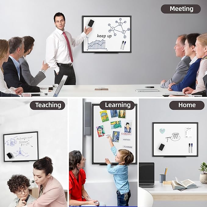VUSIGN 24'' x 18'' Magnetic White Board for Wall, Dry Erase Board with Black Aluminium Frame, Hanging Whiteboard for Home, School,Office - Accessories Included