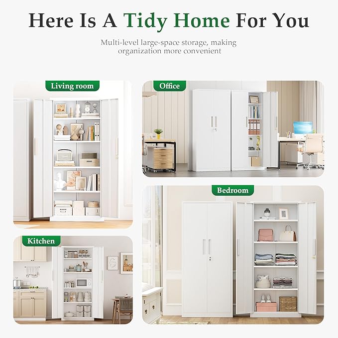 Crownland 63" Metal Storage Cabinet, Lockable Garage Storage Cabinets, High Office Cabinet with Adjustable Shelves for Garage, Home Office, Pantry, File(White)
